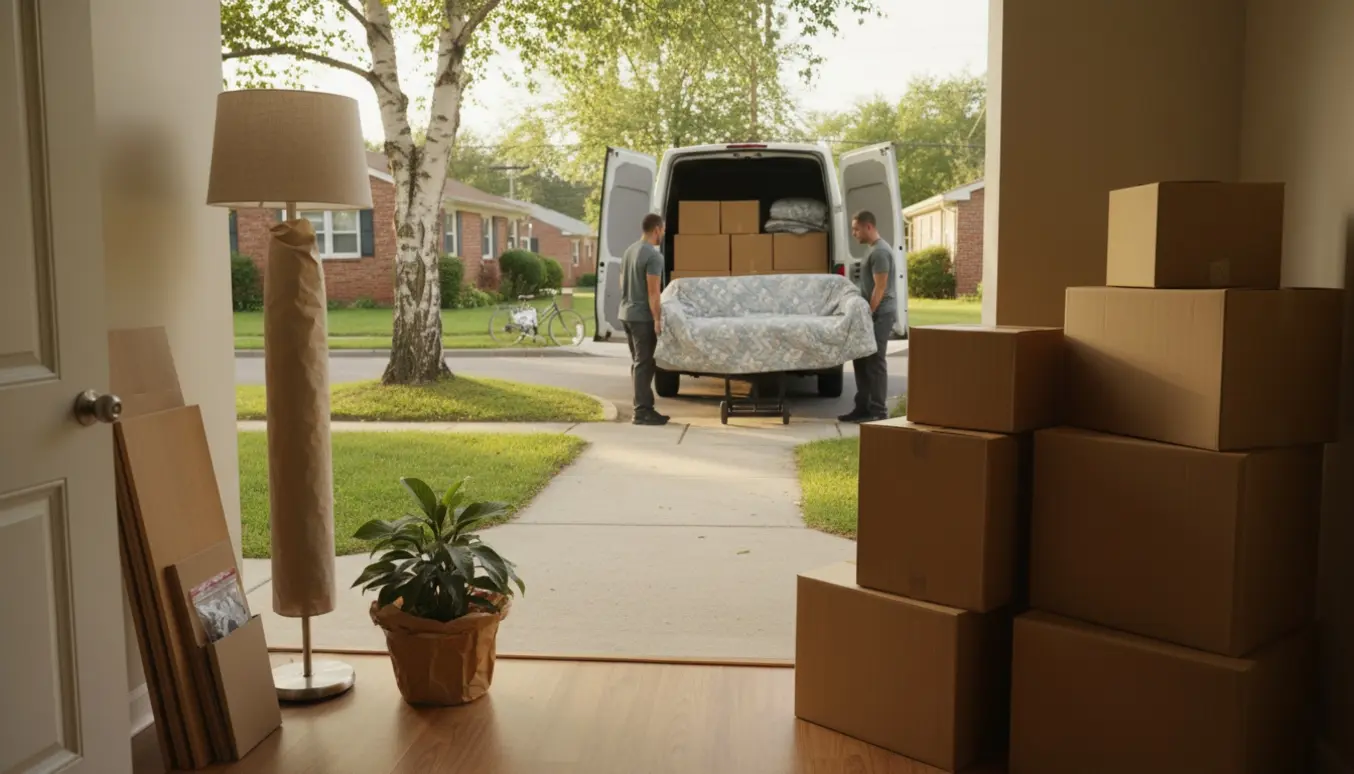Flyttekasser og indpakkede møbler bæres ud til en hvid flyttevogn på en stille, træbevokset villavej.