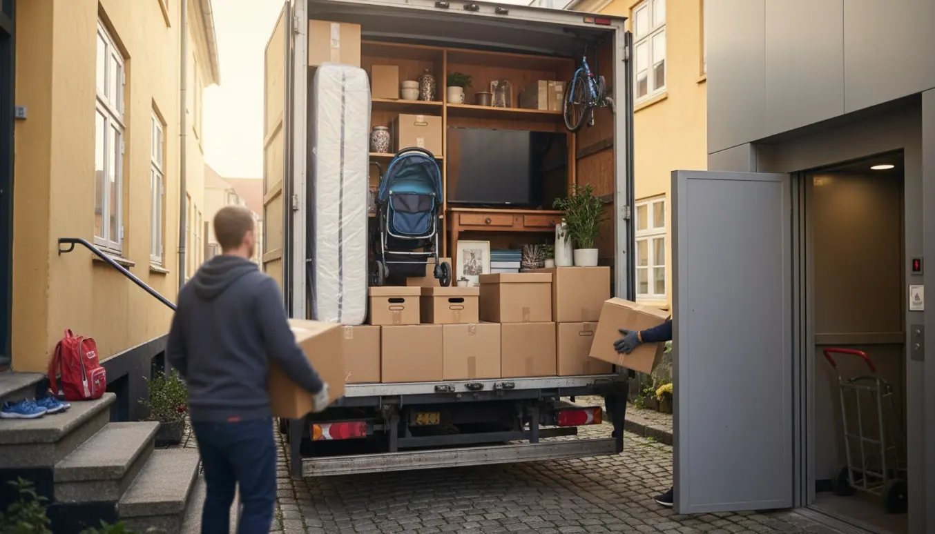 Flyttevogn med stabler af flyttekasser og møbler foran en lejlighedsindgang i Ribe, mens flyttere bærer ting ned ad trappen mod en åben elevator.