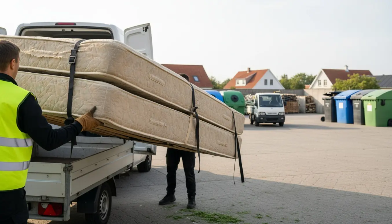 Stor boxseng bæres ind på en dansk miljøplads, to personer set bagfra.