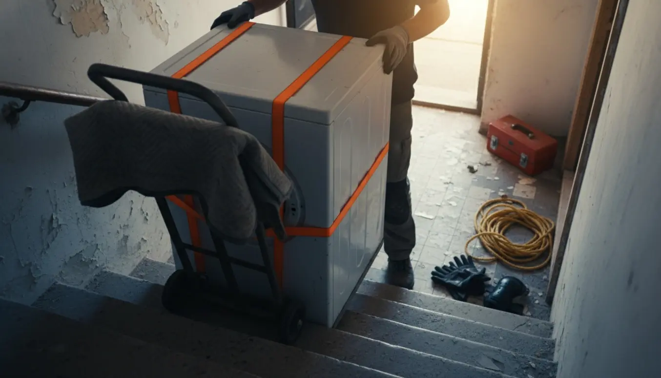 To personer flytter en tung vaskemaskine ned ad en kældetrappe med dolly og løftebånd.