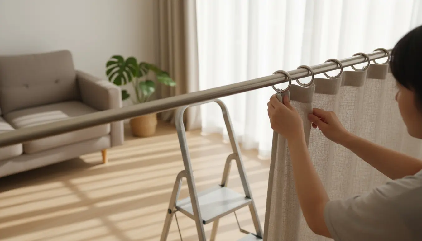 Person på en stige hænger et neutralt linnedgardin op på en lang gardinstang foran et stort vindue.
