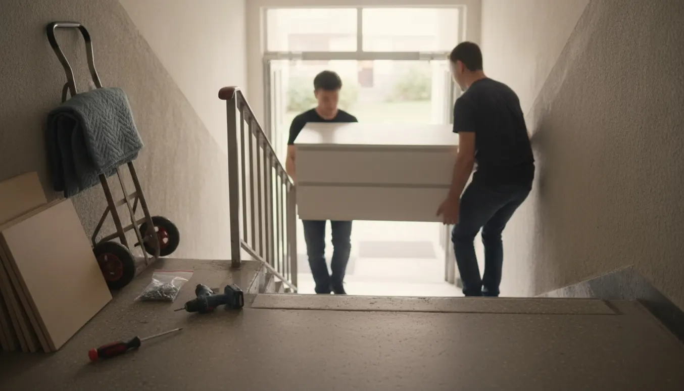 To personer bærer en hvid kommode ned ad en trappe mod baggården med flyttetæpper og værktøj ved siden af.