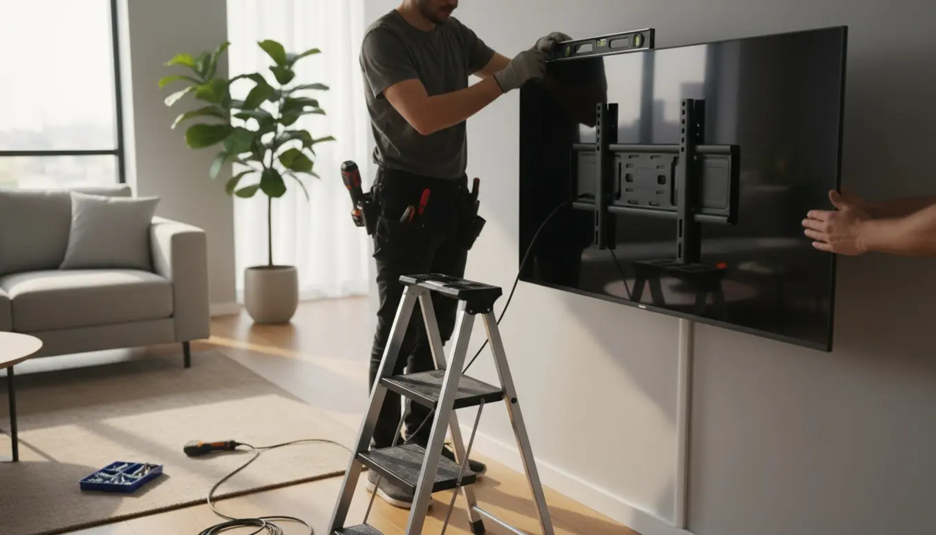 Hænder monterer et fladskærms-tv på væggen i en lys, moderne stue.