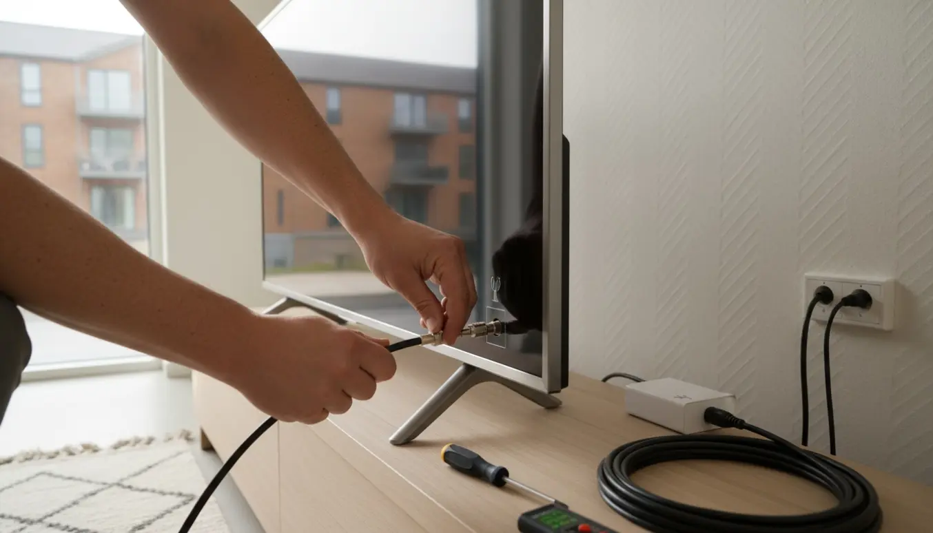 Hænder tilslutter koaksialkabel fra vægstik til et fladt TV i en lys stue.