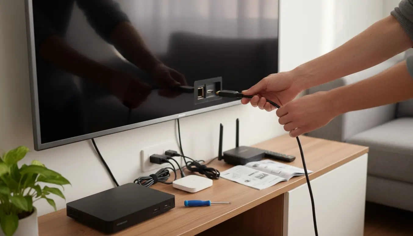 Hænder tilslutter et HDMI-kabel til bagsiden af et vægmonteret tv i en moderne stue.