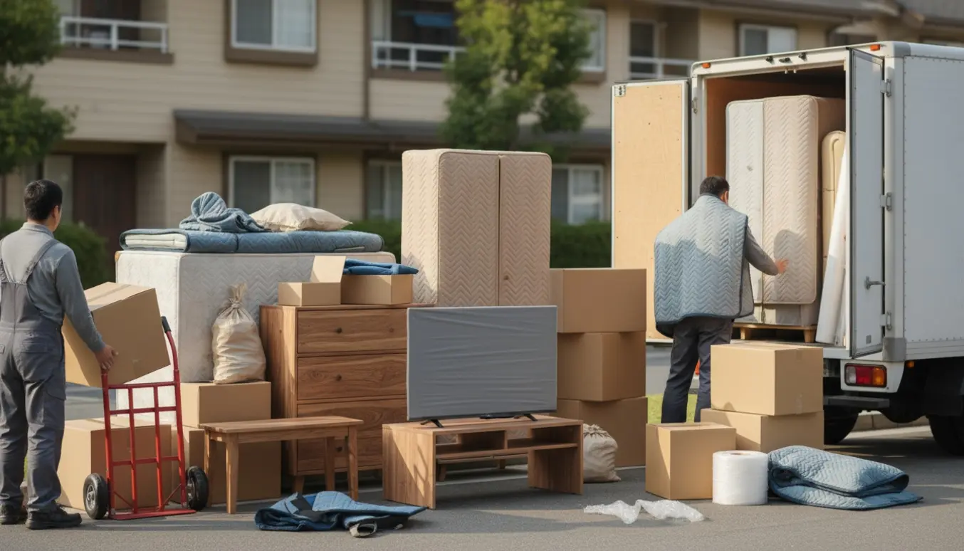 Flyttefolk læsser møbler, kasser og sække i en lille flyttevogn foran en bolig.
