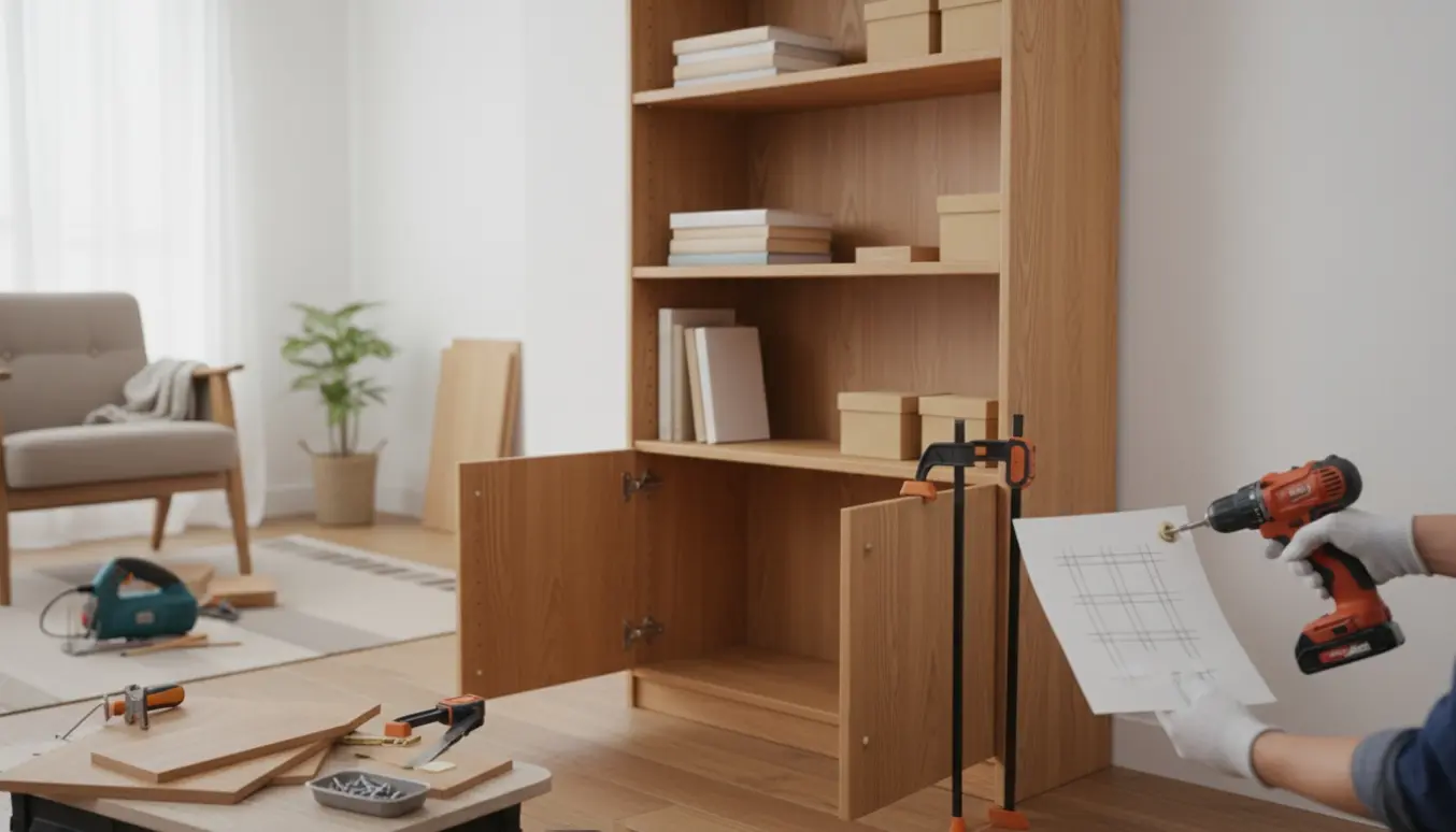Høj træreol under ombygning med nye hylder og et skab nederst, håndværkerhænder og værktøj i nærbillede.