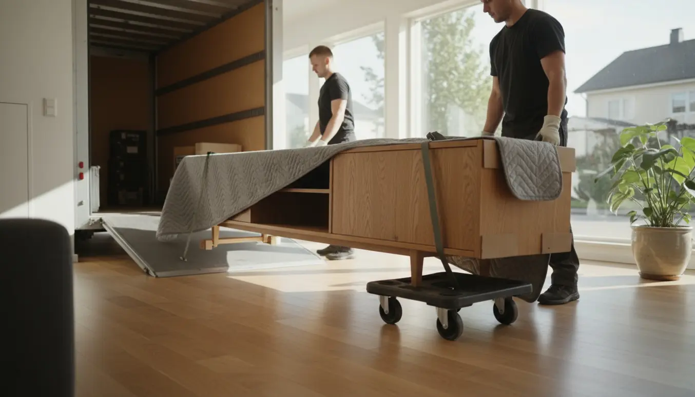 Et langt TV-bord pakkes ind og flyttes forsigtigt fra en lys stue ind i en åben flyttevogn.