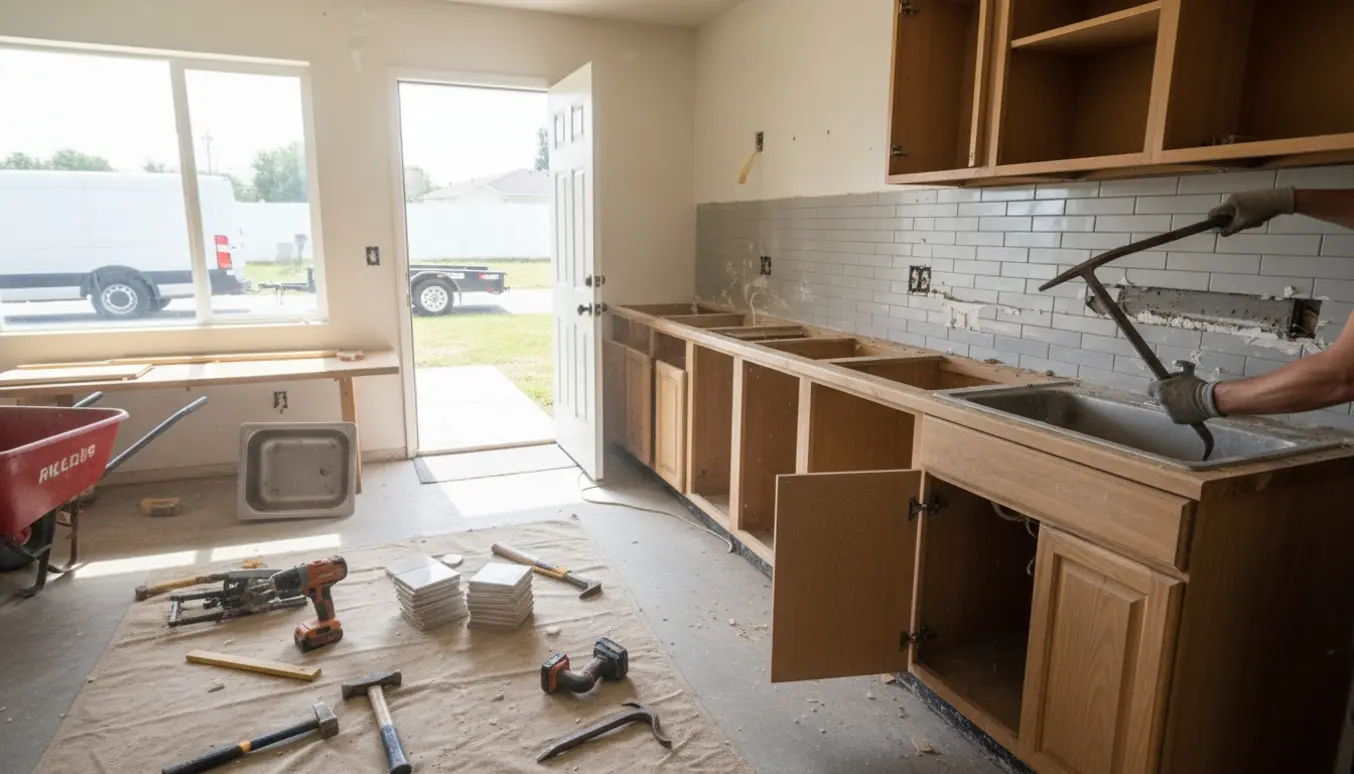 Interiørfoto af køkken under nedrivning med fjernede skabe, løsne værktøj og klar til bortkørsel.