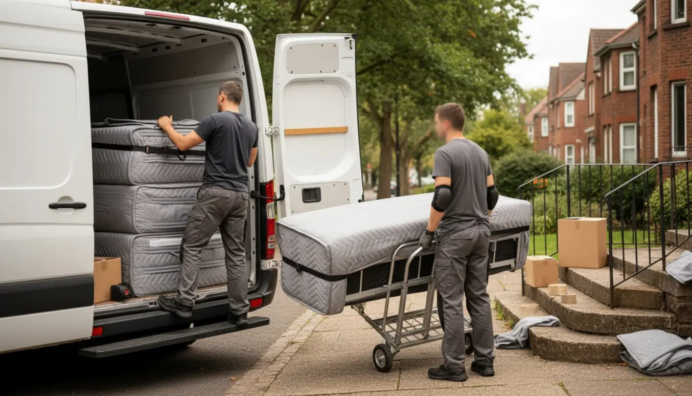 To indpakkede enkeltmandssenge bæres ind i en flyttevogn foran en lejlighedsopgang.