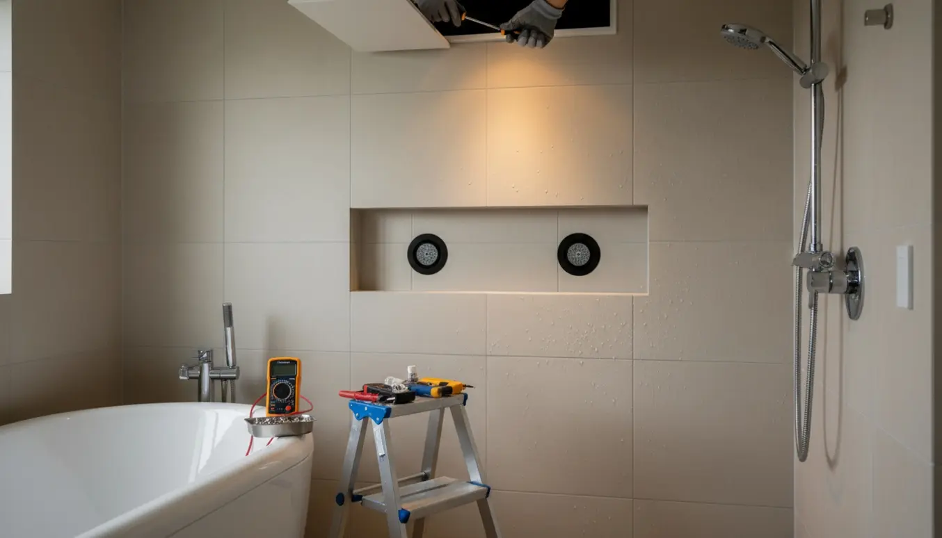 Bruseniche med to slukne indbygningsspots, en tændt udenfor og håndværkerhænder med værktøj ved et afmonteret loftsmodul.