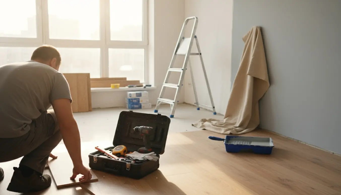 En håndværker arbejder i en lejlighed med nye gulvbrædder, værktøj og en nymalet væg i naturligt dagslys.