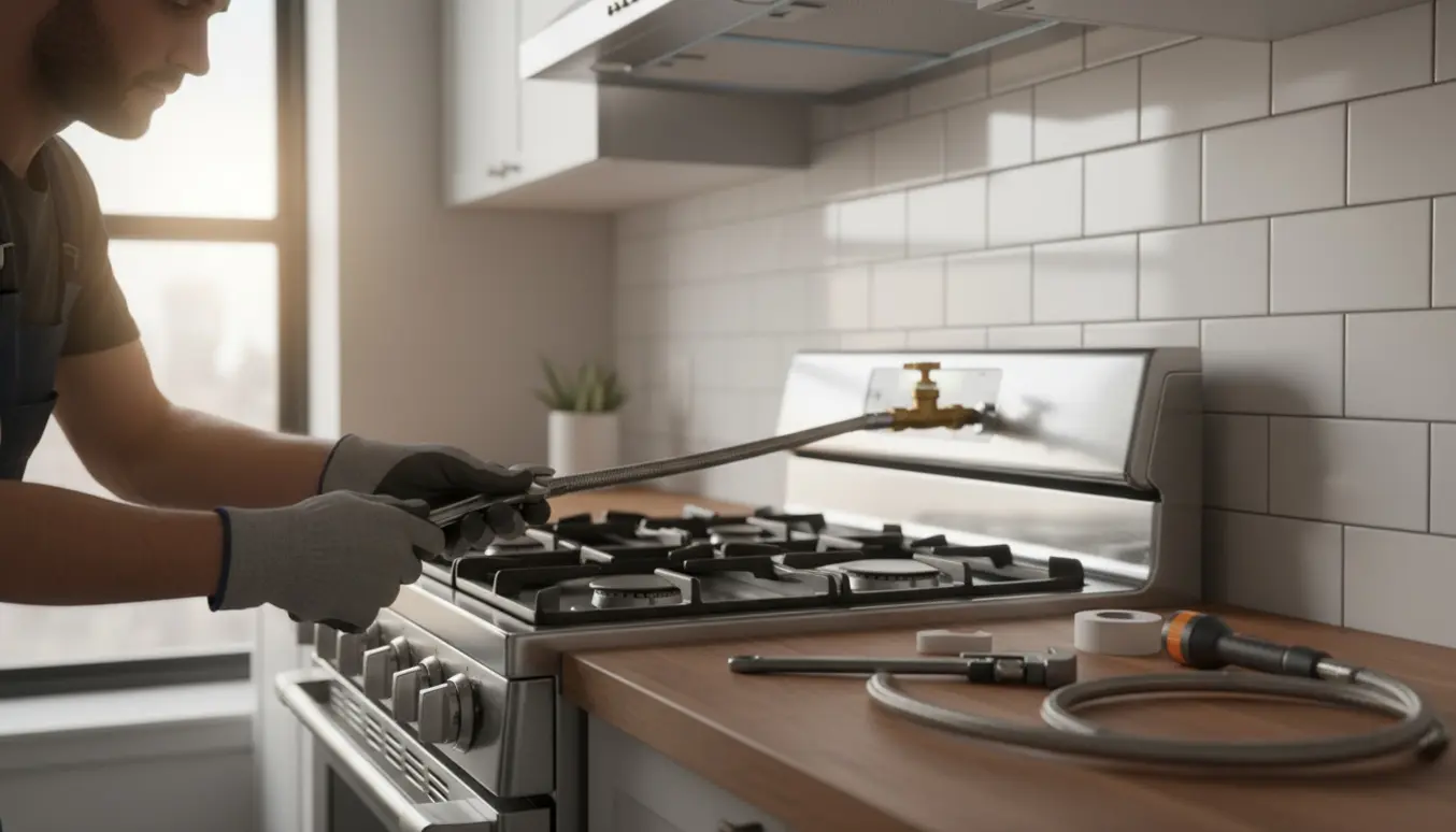 Tekniker tilkobler et gaskomfur i et lyst køkken med fokus på hænder og værktøj.