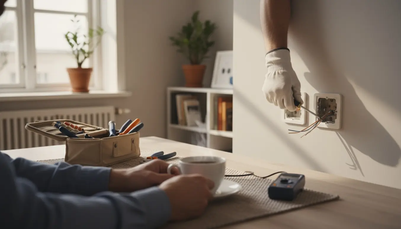 Elektriker arbejder på en stikkontakt, mens en boligejer rækker en kop kaffe.