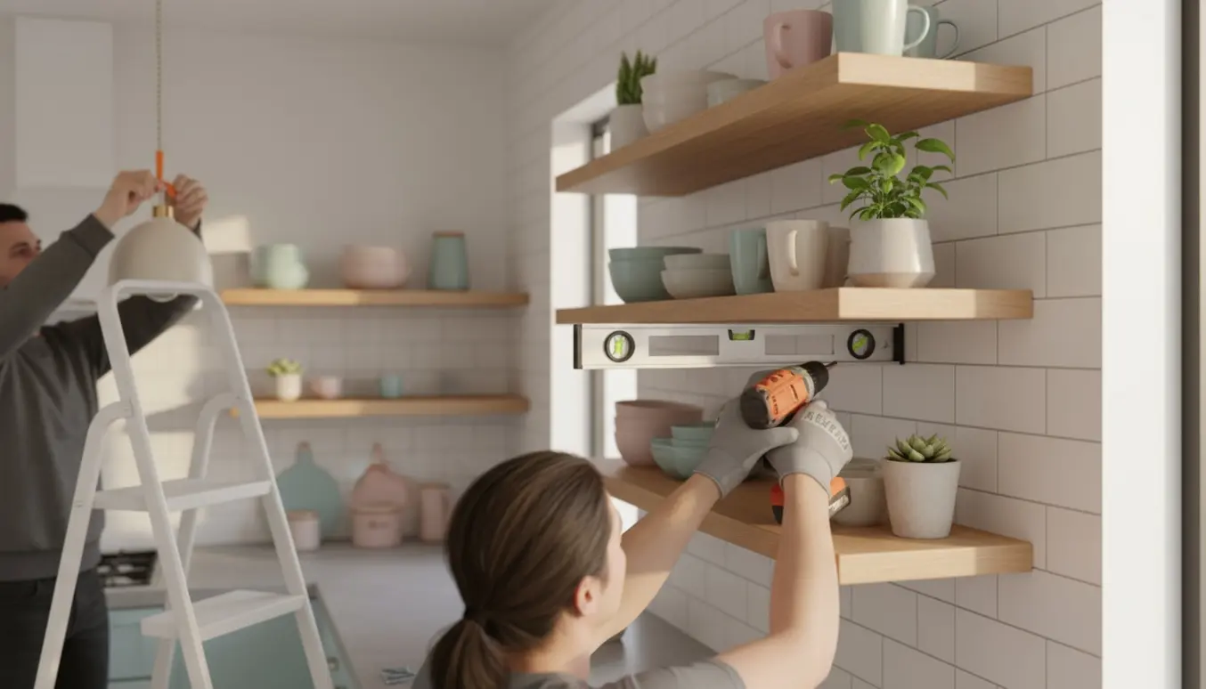 Hænder monterer en loftslampe og fire træhylder i et lyst køkken.