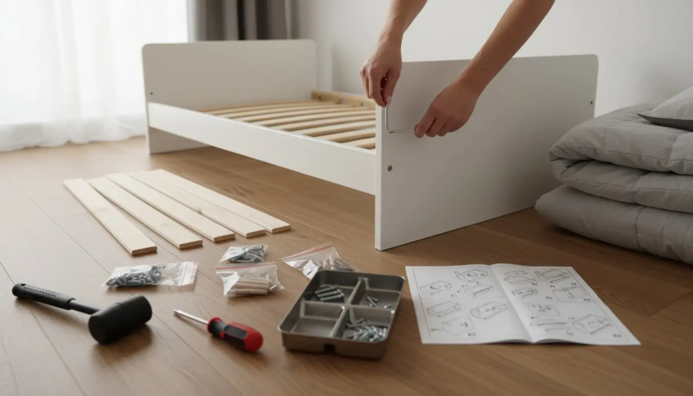 Hænder samler en hvid skandinavisk seng i et lyst, minimalistisk soveværelse.