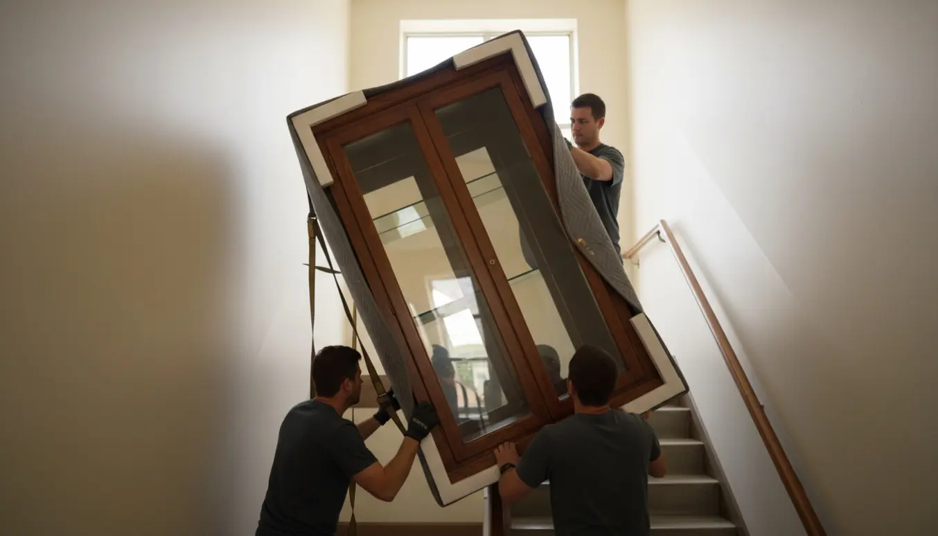 Tunge flyttemænd vipper et stort vitrineskab op ad en smal trappe mod 3. sal, beskyttet af tæpper og stropper.