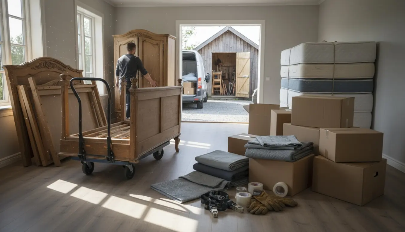 To personer tømmer et hus og et baghus med møbler, kasser og en varevogn i indkørslen.