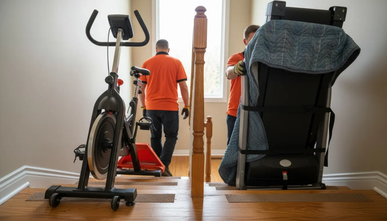 To personer bærer en motionscykel og et løbebånd op ad en trappe med sving, ansigter ikke synlige.