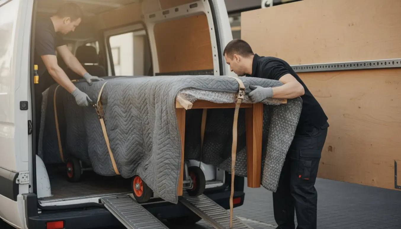 Stort spisebord pakket og sikret i en varevogn af to flyttefolk med ansigterne ude af billedet.