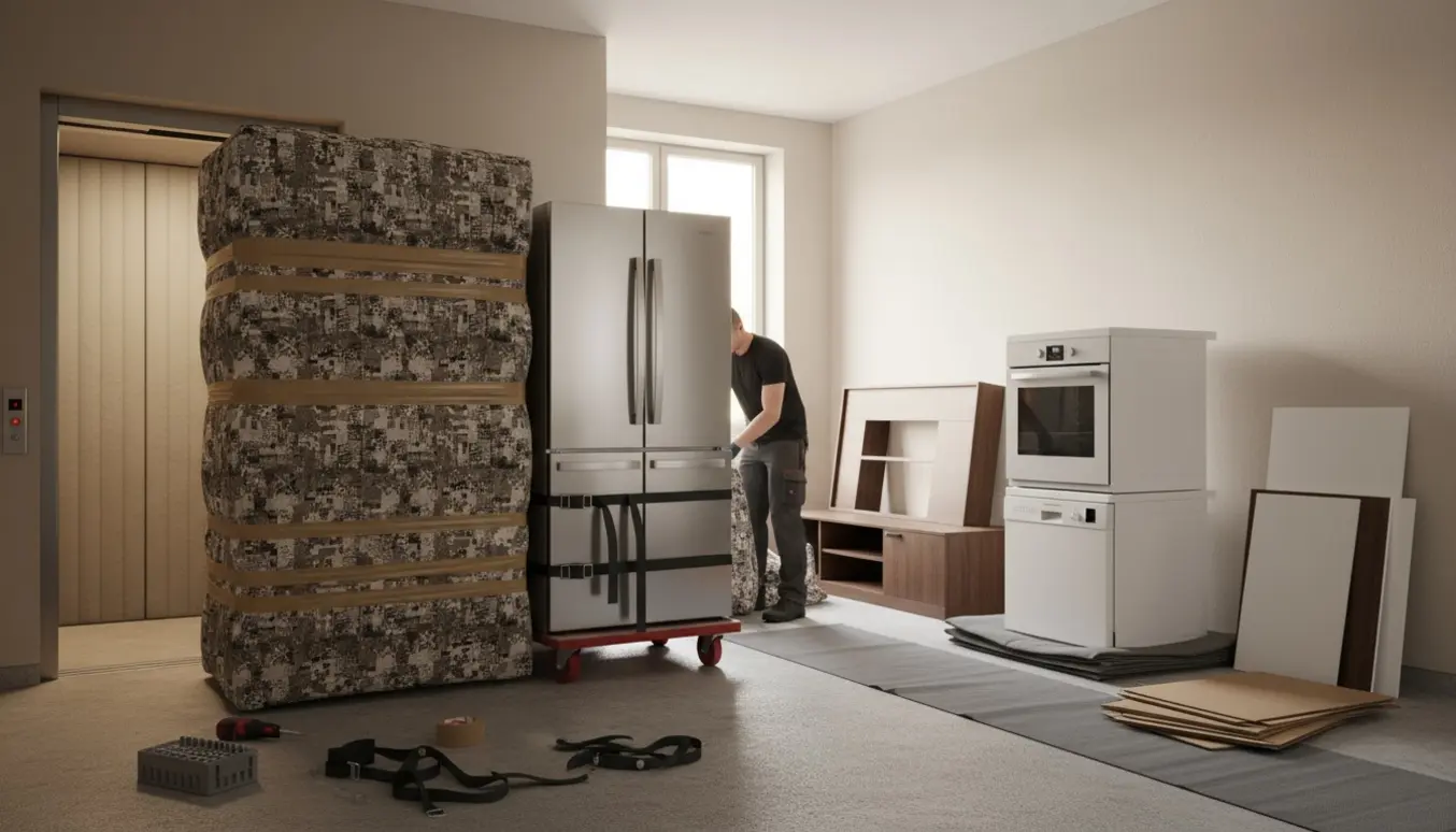 Pakkede møbler og hårde hvidevarer foran åben elevator i opgang, klar til udsmidning.