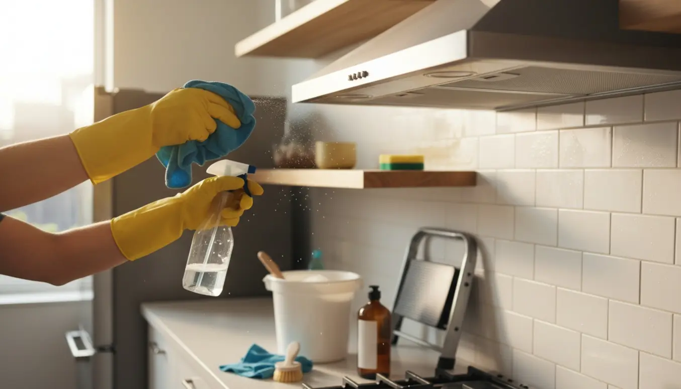 Hånd i gule gummihandsker tørrer fedtet emhætte i et lille, solbelyst køkken med rengøringsmaterialer.