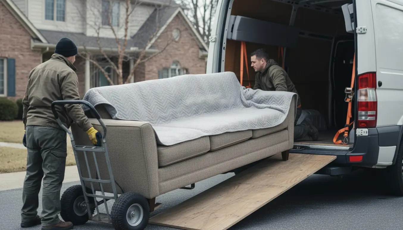 Sovesofa lastes ind i en varebil på en indkørsel med to hjælpere set fra ryggen.