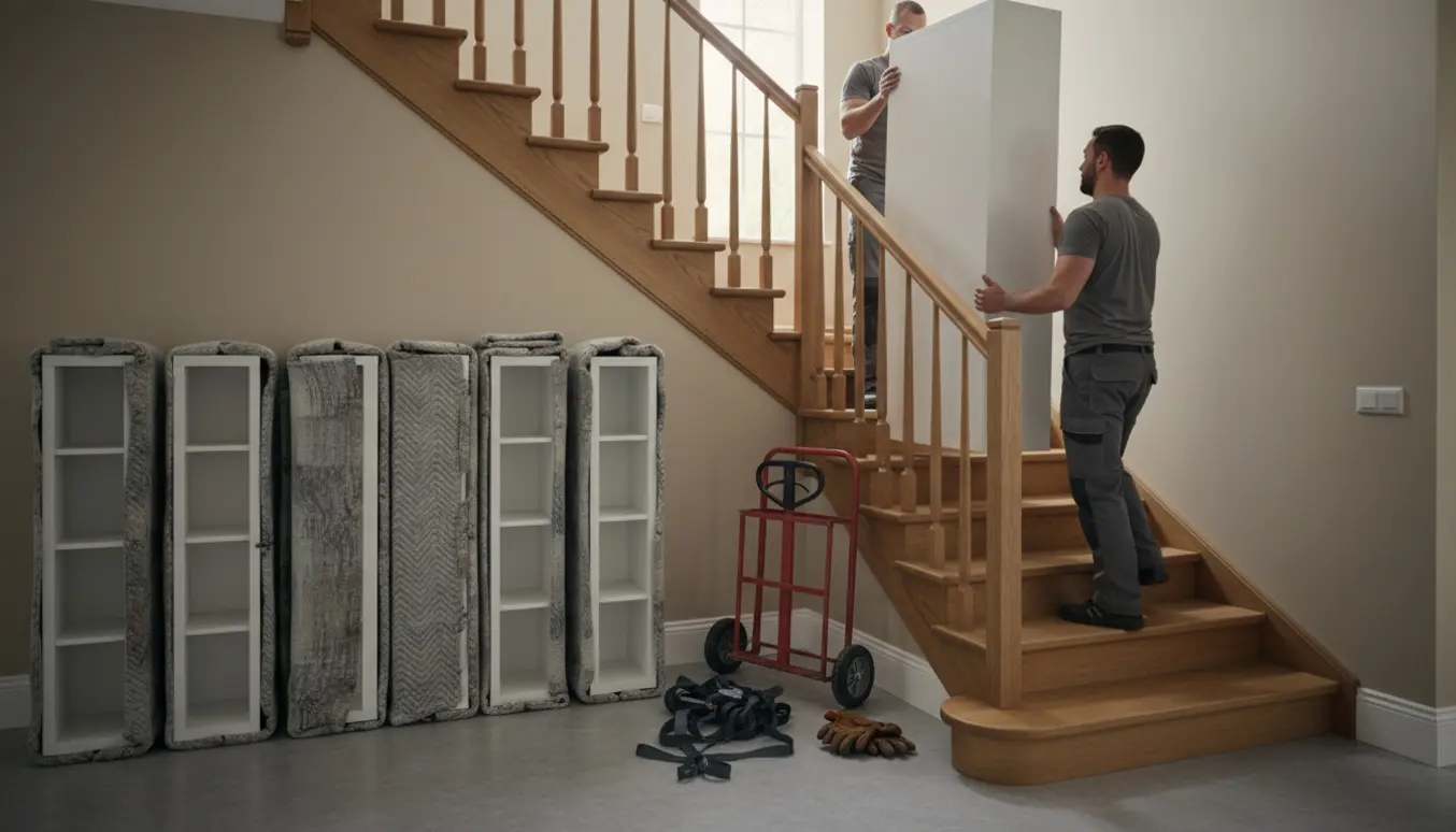 To personer bærer en høj, smal hvid reol op ad en trappe mens flere indpakkede reoler står klar nedenunder.