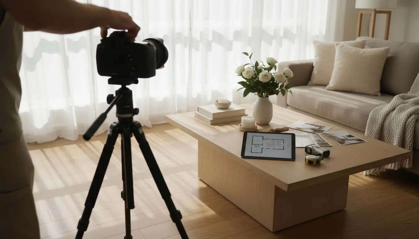 Et kamera på stativ fotograferer en lys, møbleret stue med en plantegning på en tablet.