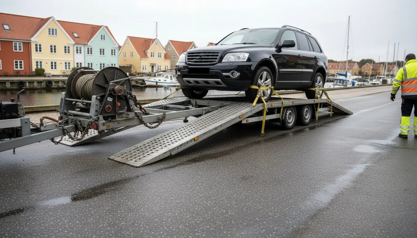 En SUV uden synligt nummerplade trækkes op på en biltrailer i en dansk kystby.