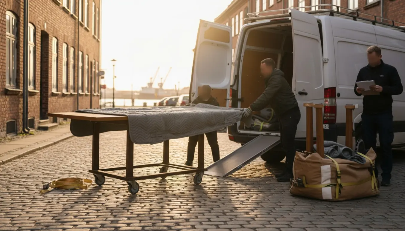 Beskårne flyttemænd læsser et langt bord ind i en varevogn i gyldent eftermiddagslys.