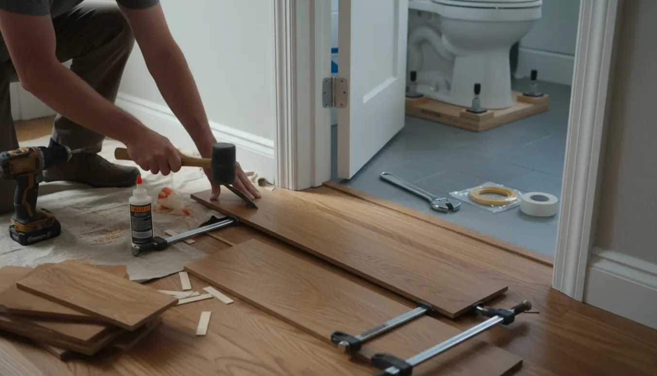 Hænder monterer gulvbrædder i entréen, mens et toilet midlertidigt er hævet på en træforhøjelse i baggrunden.