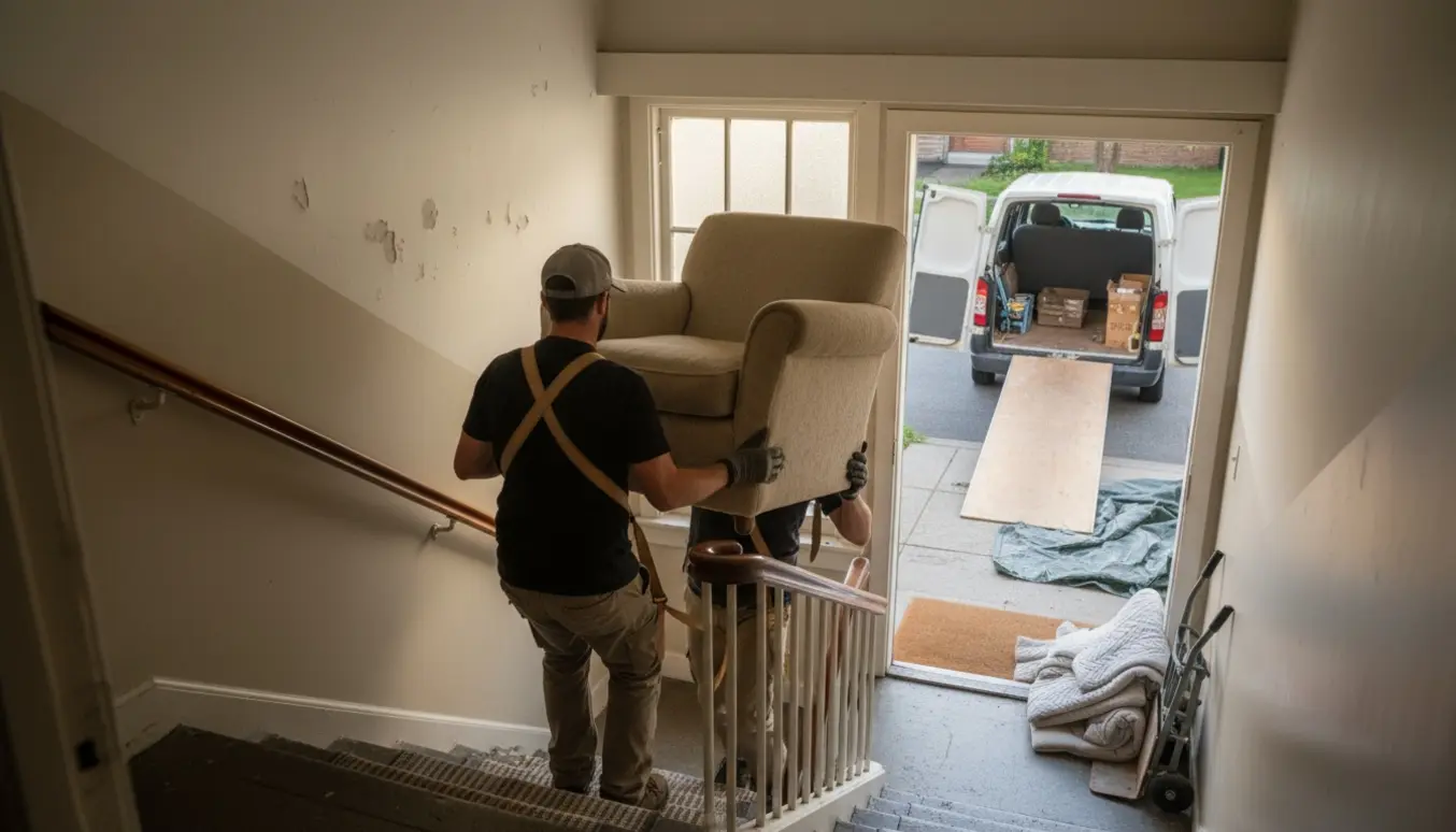 To personer bærer en stor lænestol ned ad en trappe mod en åben varevogn på gaden.