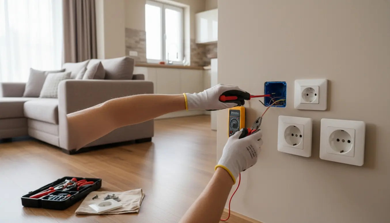 Hænder installerer nye stikkontakter i en lys stue med køkken i baggrunden.