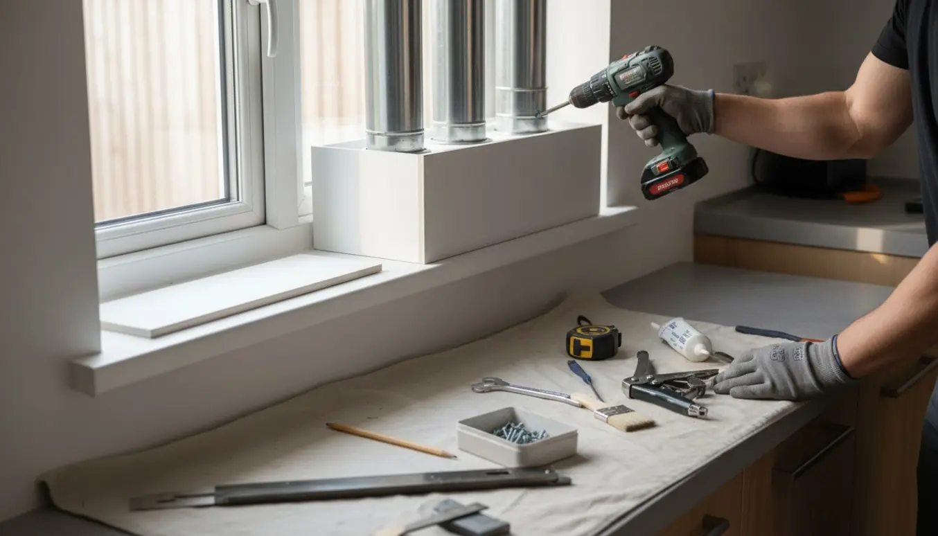 Håndværker monterer en kasse omkring emhætte-rør over et vindue i et lyst køkken.