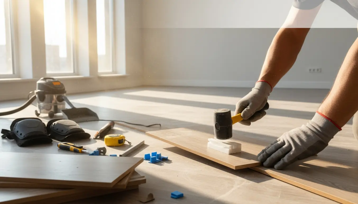 Hænder installerer et tyndt laminatgulv i et tomt, solbelyst rum med værktøj og stakke af planker.