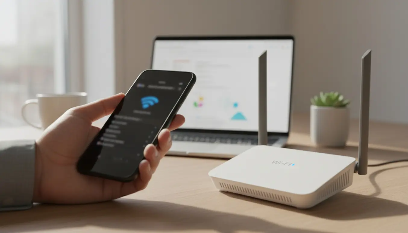 Smartphone og dual‑band router på et skrivebord i et hjemmekontor, hvor kun ét Wi‑Fi-signal er tydeligt.