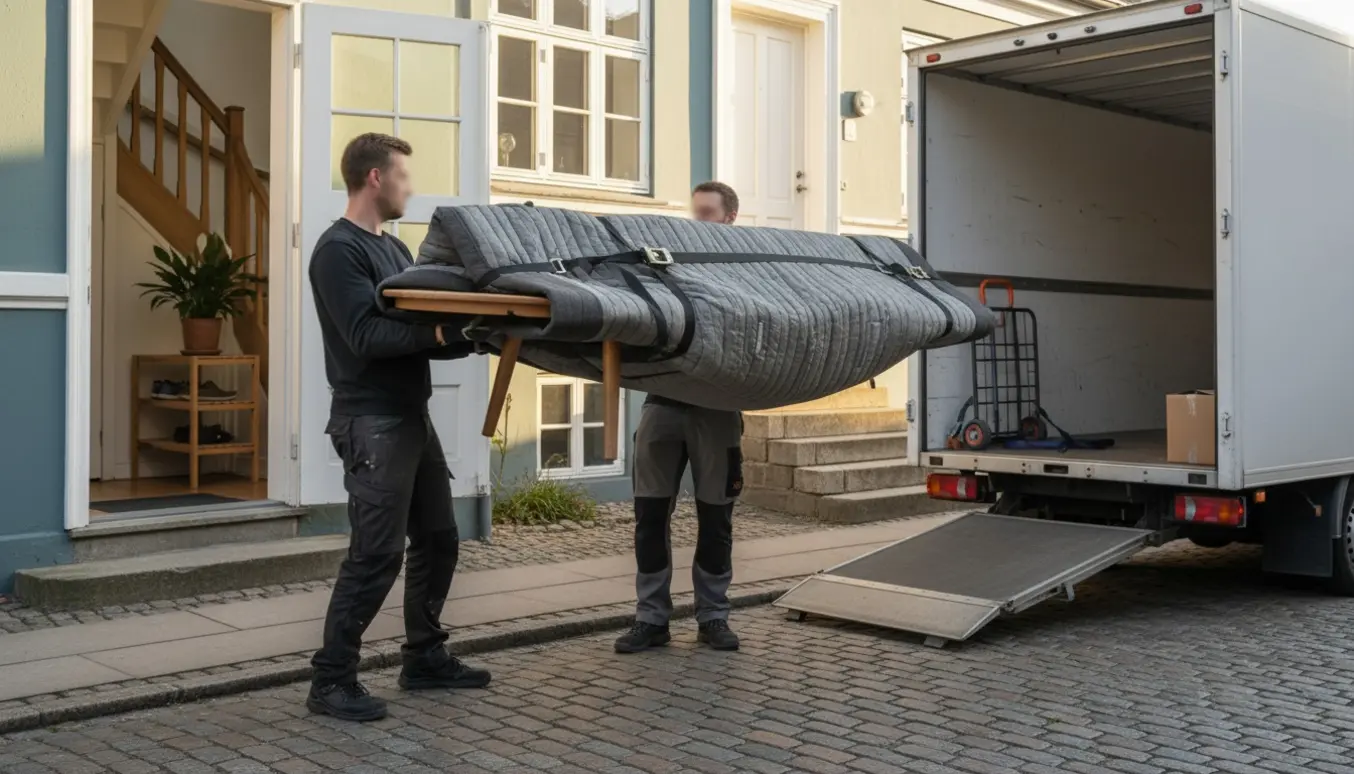 To flyttemænd bærer et stort spisebord pakket i flyttetæpper mod en varevogn ved en bolig med fem trin.