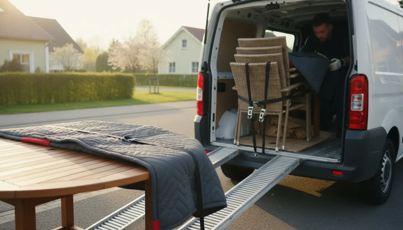 Et læsset varevognslastrum med et indpakket rundt havebord og fire stole klar til transport.