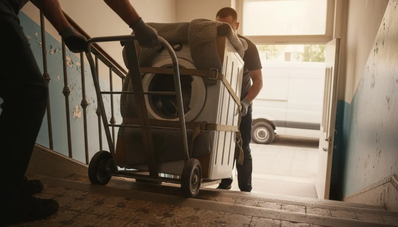 To personer bærer en brugt vaskemaskine ned ad trappen mod en åben varevogn, ansigter ikke synlige.