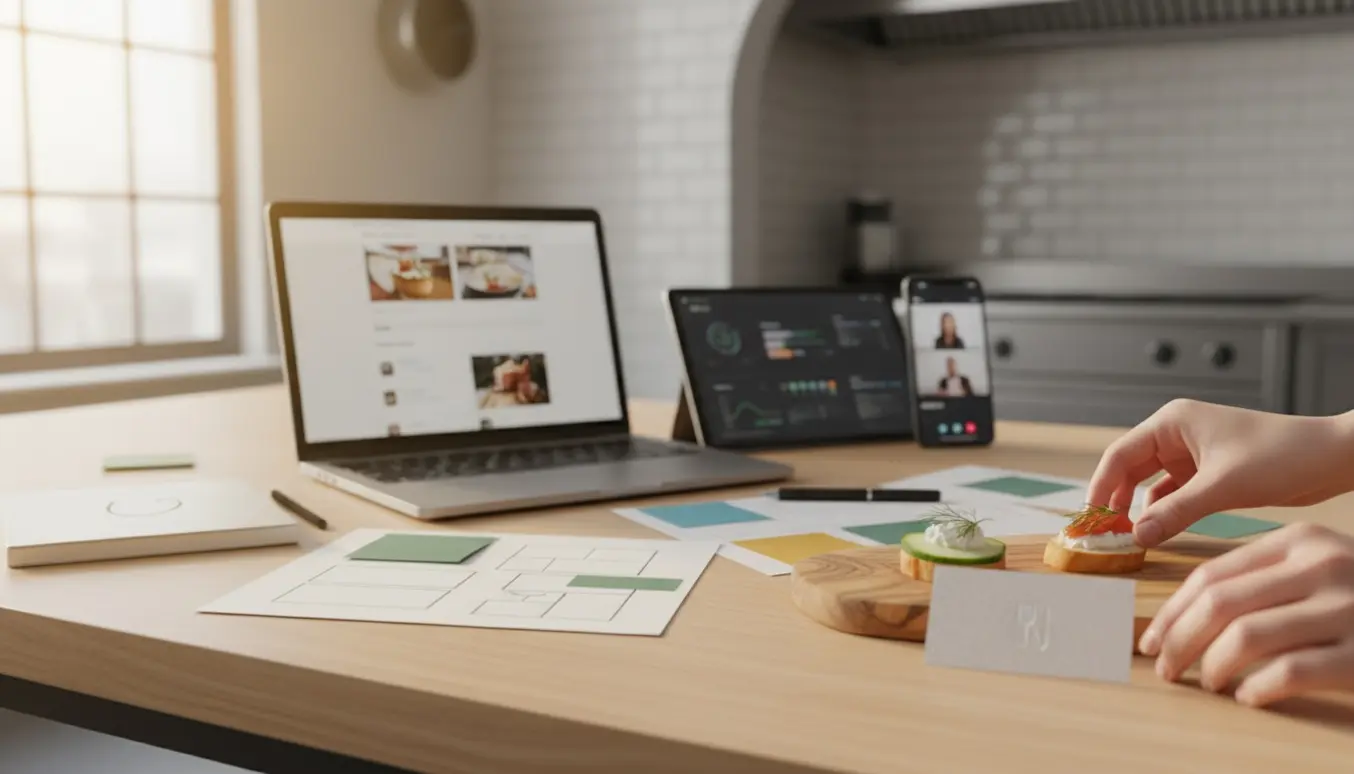 Håndværdigt webdesignarbejde for en cateringvirksomhed med bærbar, tablet, trykte mockups og tapas på et lyst kontorbord.