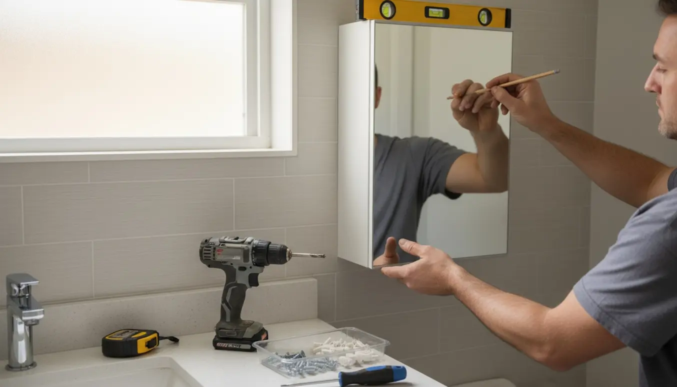 Opsætning af et hvidt vægskab med spejldør i et lyst badeværelse, med værktøj og rawlplugs synlige.