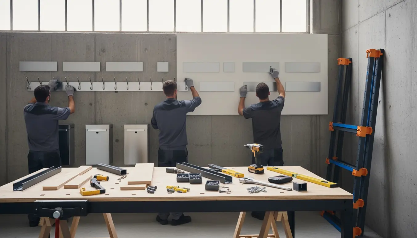 Værksted med ophængning af skilte, skraldespande og samling af værkstedsbord og kølerumsreol, hænder og værktøj uden synlige ansigter.