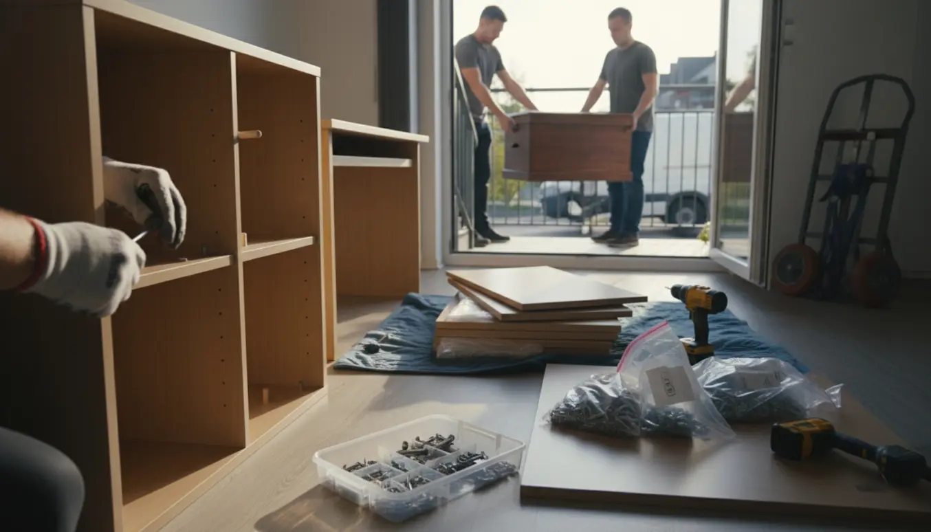 Hænder skiller IKEA-reoler ad med værktøj, mens to personer bærer en tung kiste ud til en flyttebil.