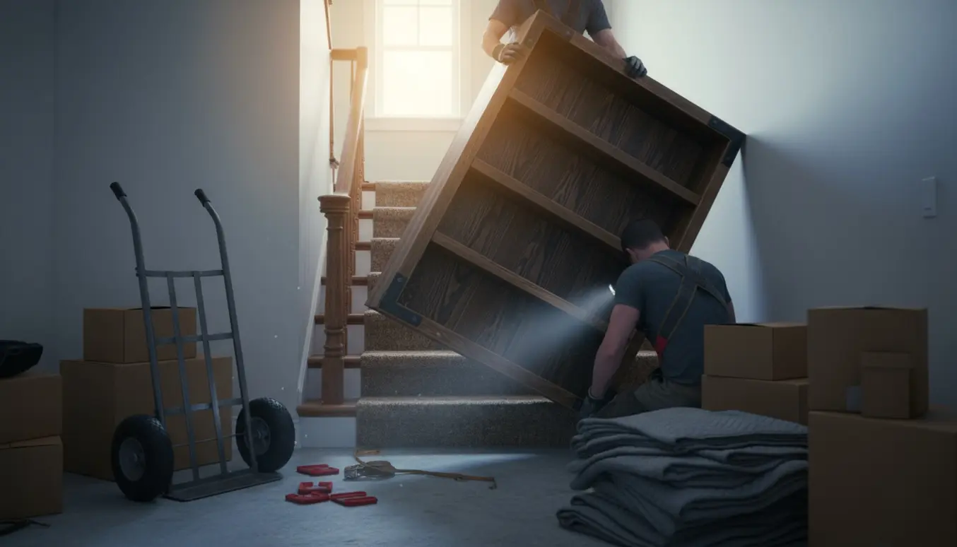 Et par bærer et tungt bogskab ned ad trappen mod kælderen, med dolly og flyttetæpper klar.