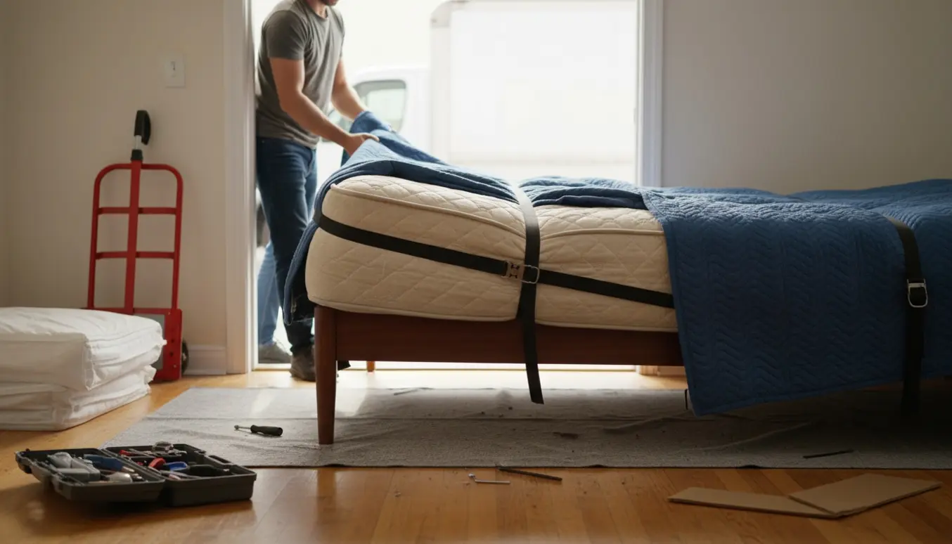 To personer manøvrerer en kingsize-seng gennem en smal døråbning med flyttetæpper og dolly.