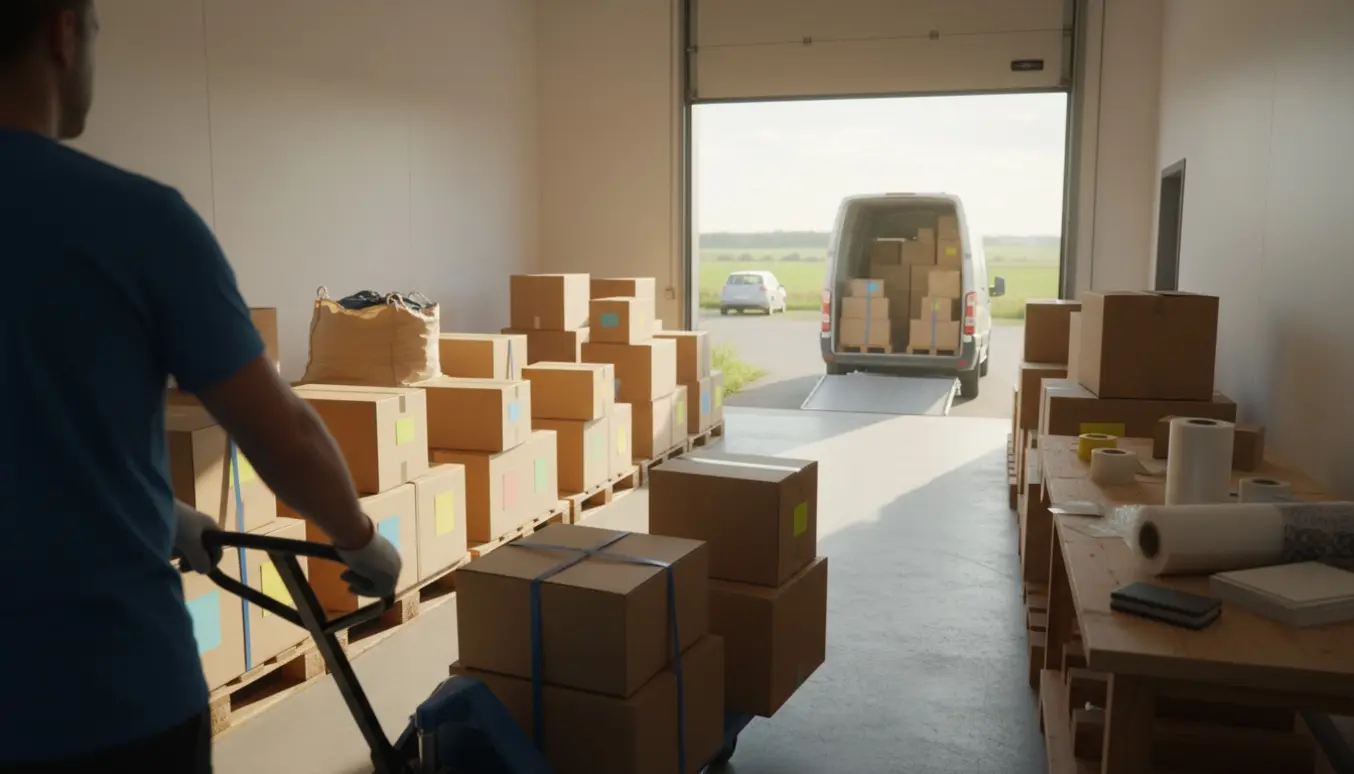 Paller og stabler af flyttekasser i et lyst lager ved en åben lastbilrampe.