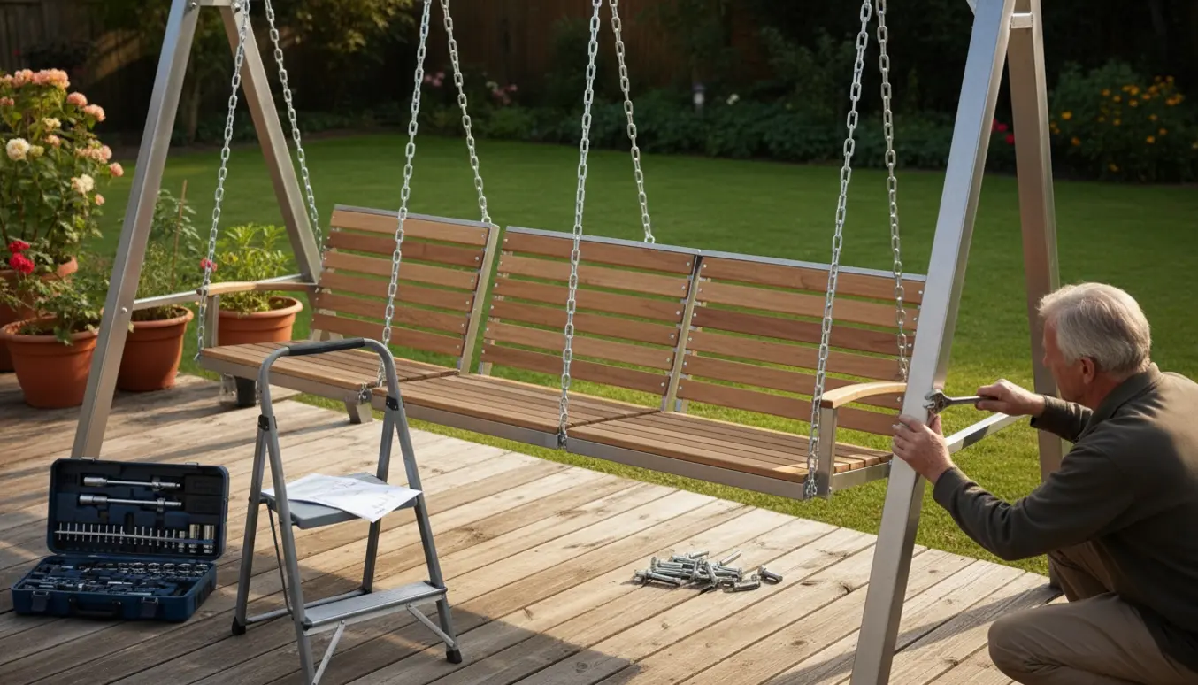 En person monterer en tre-personers gynge i haven med skruenøgle og værktøj, ansigtet er ikke synligt.