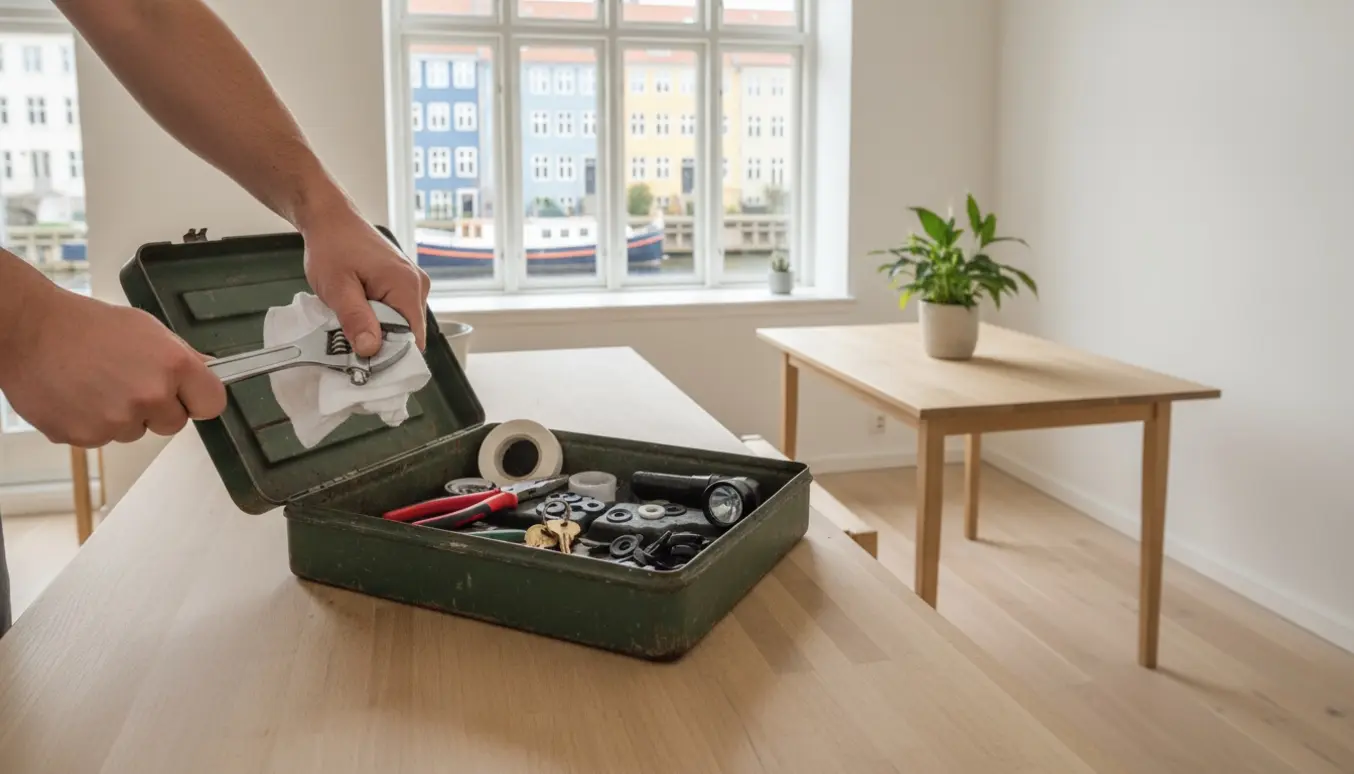 Hænder reparerer en dryppende køkkenhane i en lys Christianshavn-lejlighed med værktøj på bordet.