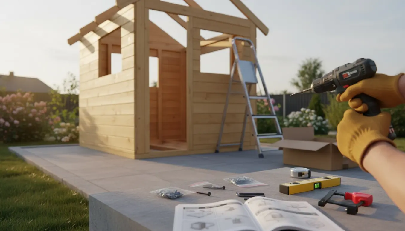 Delvist samlet trælegehus med hems i baghaven, hænder med boremaskine i færd med at samle det.